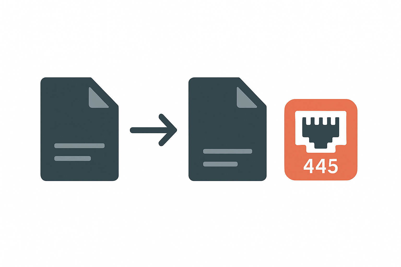 Illustration of SMB file sharing with two document icons connected by an arrow to an Ethernet port labeled 445 on a white background.