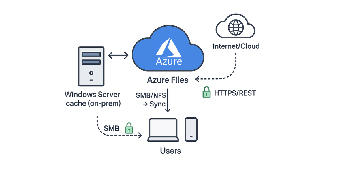 Azure File Sync diagram with Azure Files at center, on-prem Windows Server cache, users, and internet access with secure arrows.