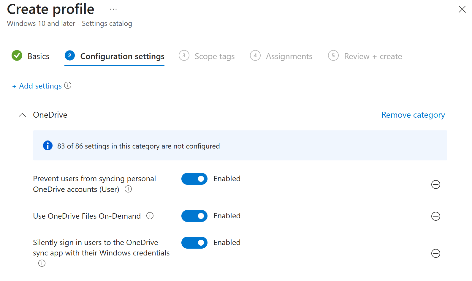 Screenshot: Microsoft Intune admin center Settings Catalog showing the OneDrive category expanded, with Configure team site libraries to sync automatically (User) toggled on and a Library Name and Library ID configured underneath, alongside Use OneDrive Files On-Demand also enabled.