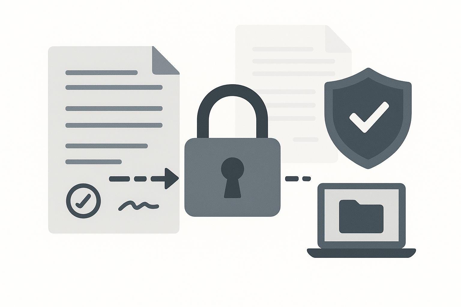 A secure file transfer process with a padlock symbol, shield icon, and legal documents in the background