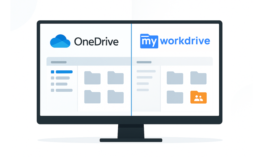 A computer screen split in half, with OneDrive on one side and MyWorkDrive on the other, showing their respective interfaces and features