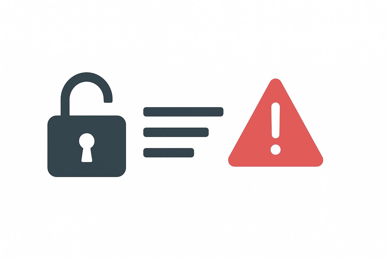 Minimal illustration of open ports and security risks with an unlocked padlock icon and red warning triangle on a white background.