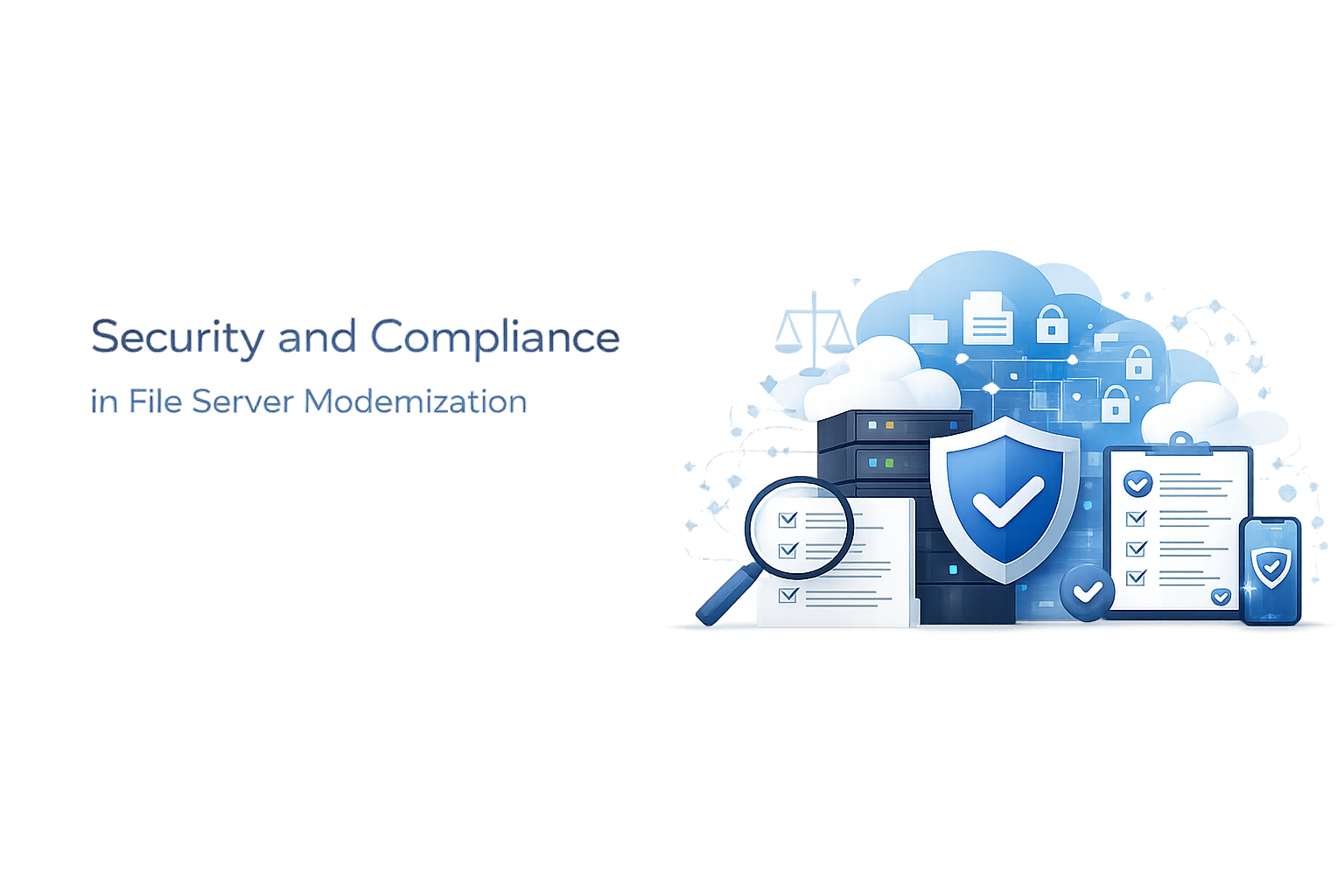 file servers with a shield, audit checklist, and security icons to represent security and compliance during file server modernization.”