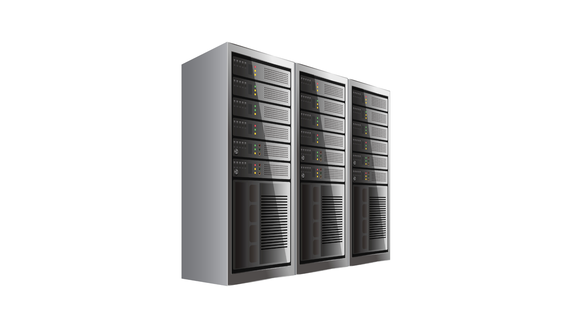 Illustration of three data servers standing side by side, representing data centers or network storage.