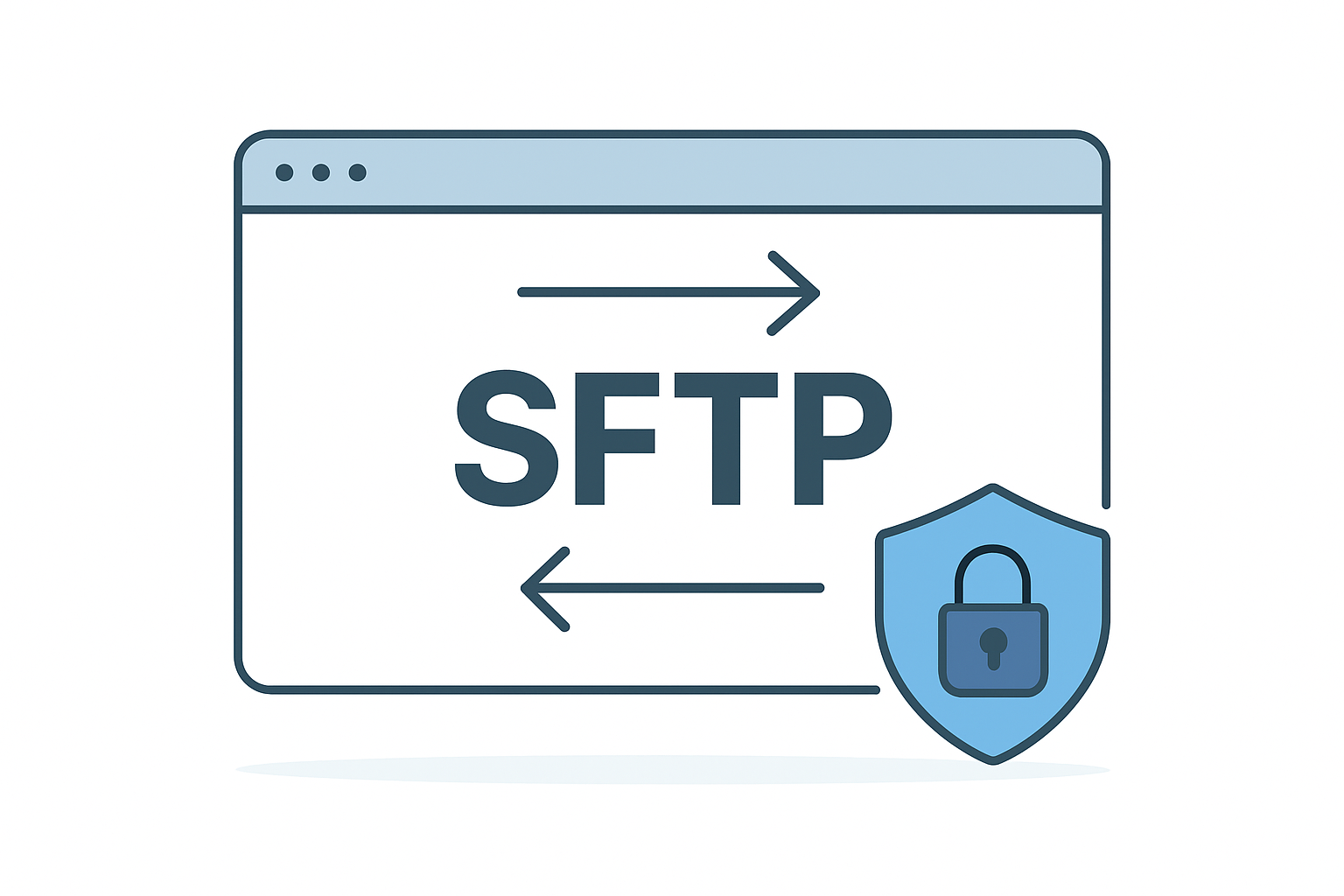 SFTP graphic showing secure file transfer with arrows and a blue shield lock icon ensuring data protection.