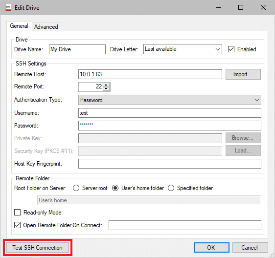 SFTP Drive setup showing a configured remote host connection and highlighted “Start” button to begin.