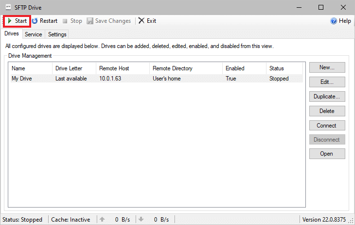 SFTP Drive setup showing a configured remote host connection and highlighted “Start” button to begin.