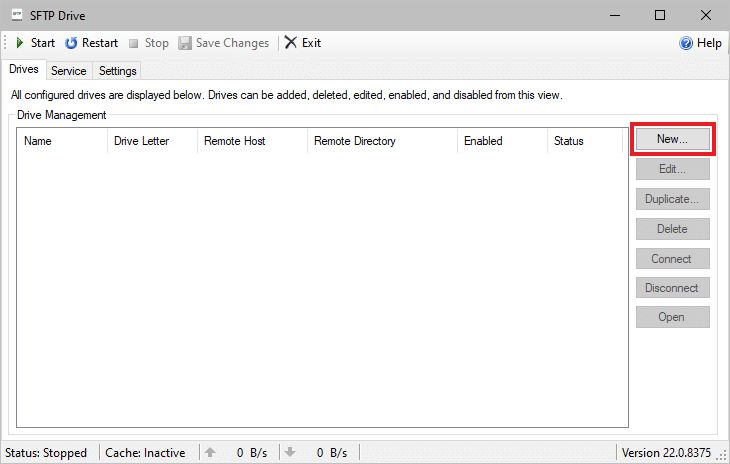 SFTP Drive setup window displaying drive management options with the “New” button highlighted for setup.