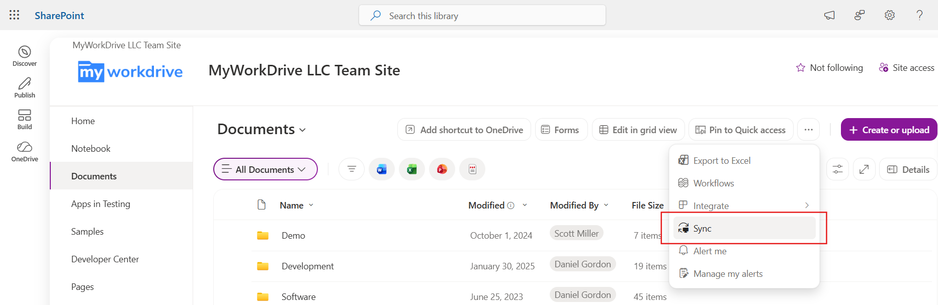 Screenshot: a SharePoint document library page showing the Sync button highlighted in the command bar at the top, next to New, Upload, and Edit in grid view options.