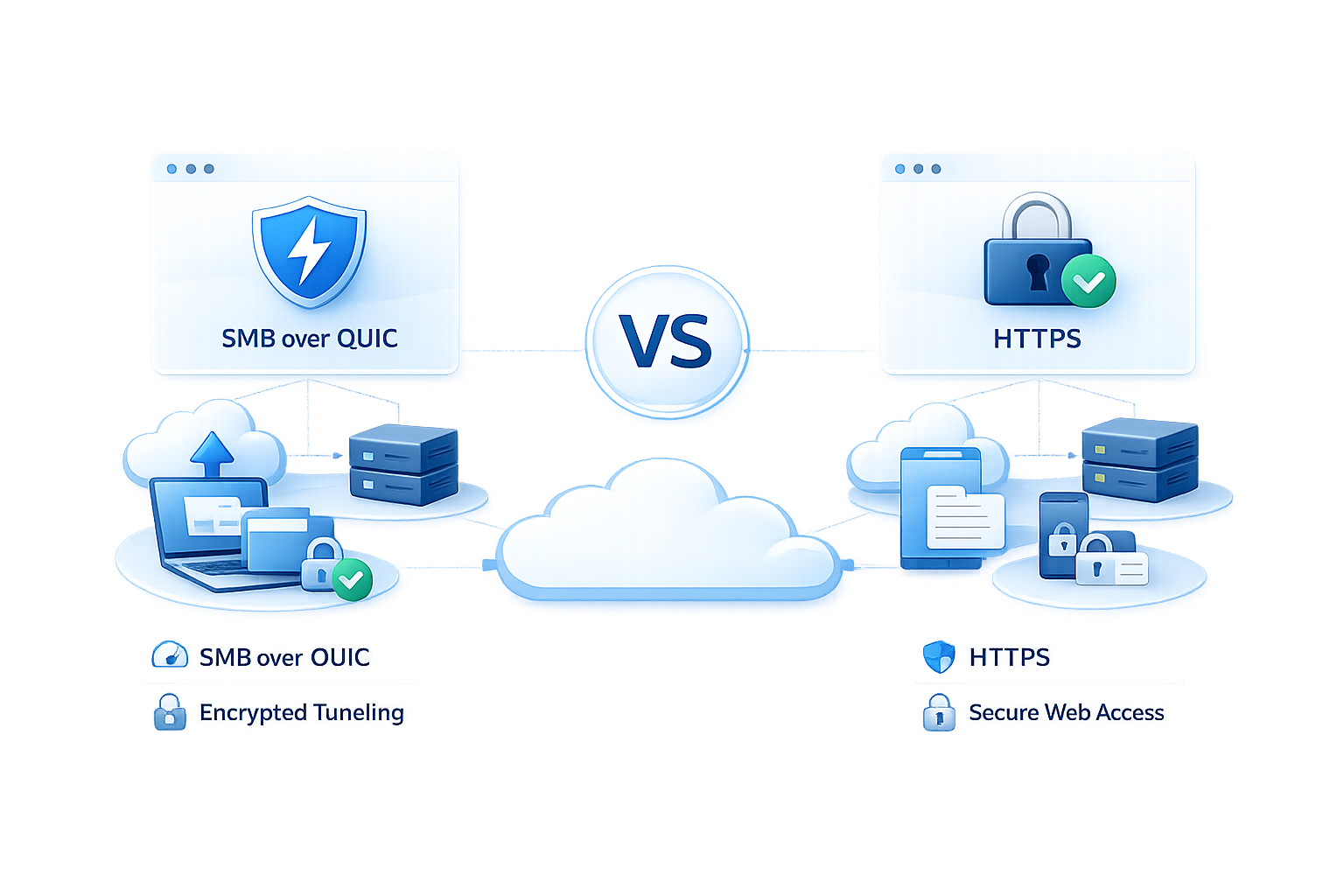 Modern SaaS illustration comparing SMB over QUIC vs HTTPS for secure remote file access, with cloud, servers, devices, and security icons in a blue-and-white style on a transparent background.