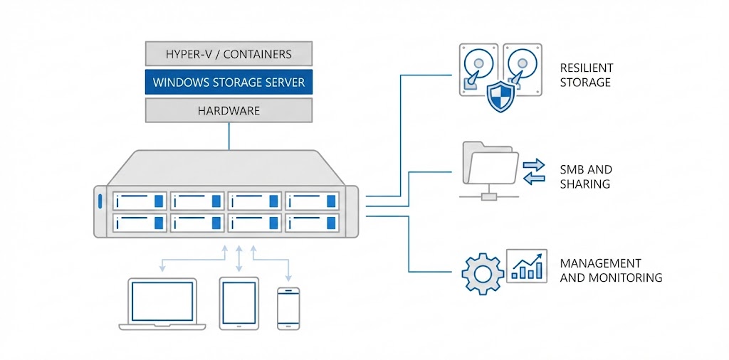Diagram of Windows Storage Server OS showing a layered server (Storage, Access, Services) connected to resilient storage, SMB and sharing, and management and monitoring, with laptops and mobile devices accessing it.